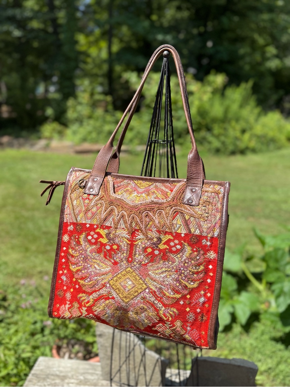 Boho Red Patterned Tote with Brown Leather Straps